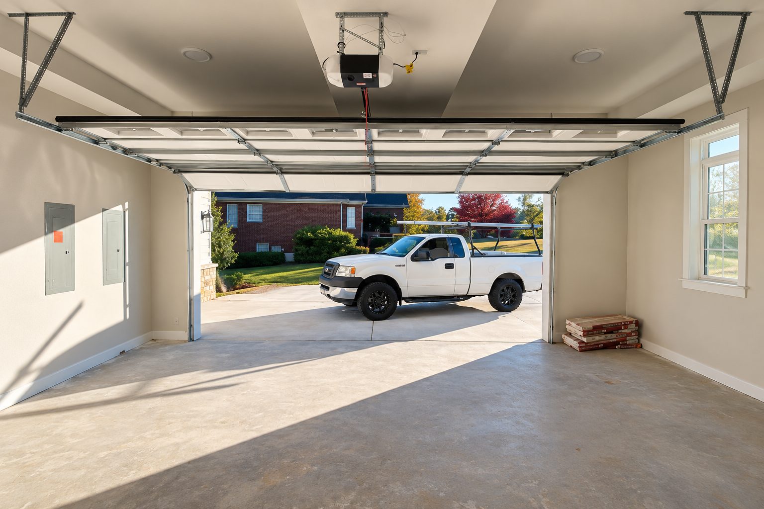 Open garage door with a pickup truck