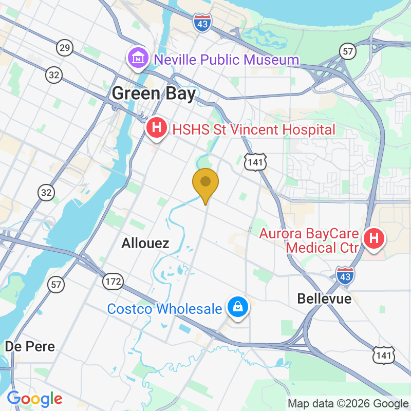 Map showing location of USA Garage Door Service, 1300 Bellevue St Ste C, Green Bay, WI 54302
