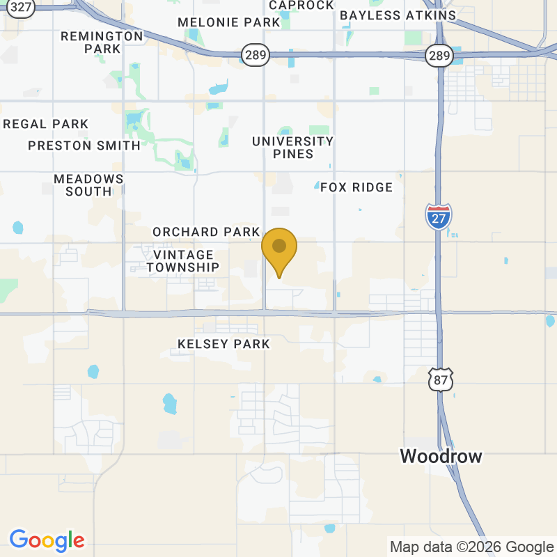 Map showing location of Precision Garage Door Service of Lubbock, 12201 Geneva Ave Suite A, Lubbock, TX 79423