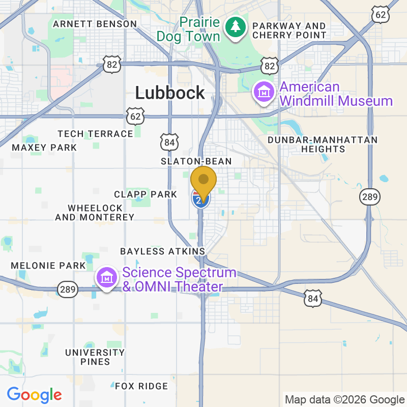 Map showing location of OGD Overhead Garage Door, 4417 I-27 Frontage Rd, Lubbock, TX 79404