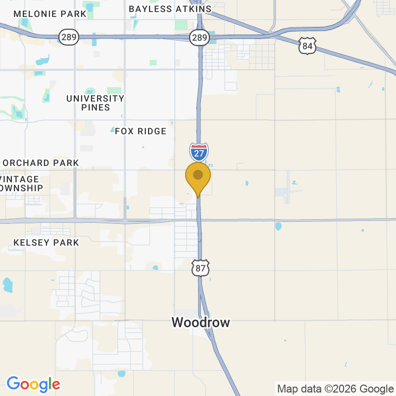 Map showing location of Action Doors, 12216 US-87 Shop 10, Lubbock, TX 79423