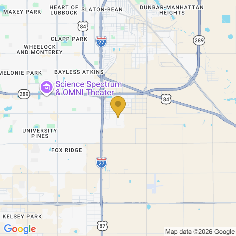 Map showing location of Reliant Overhead Door LLC, 8401 Ash Ave, Lubbock, TX 79404