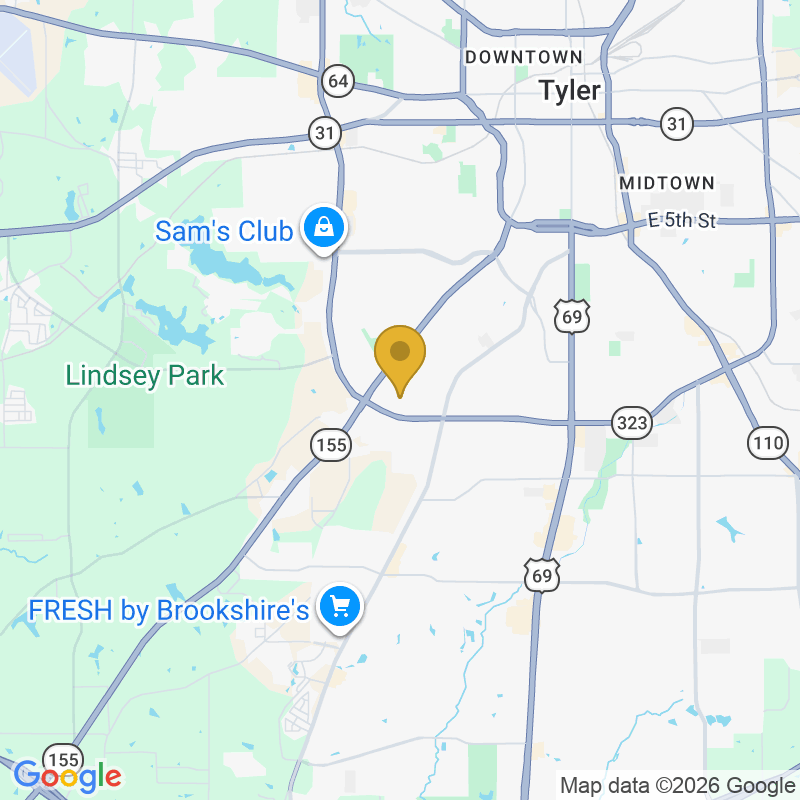 Map showing location of Precision Garage Door Service of Northeast Texas, 3808 Timms St, Tyler, TX 75701