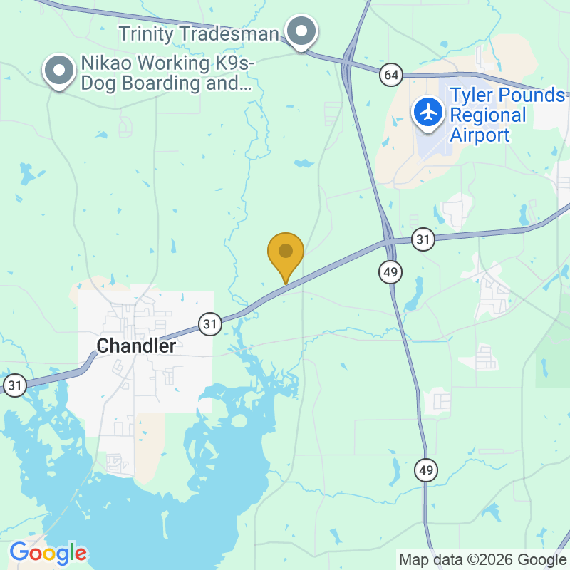 Map showing location of Overhead Door Systems, Inc., 16474 State Hwy 31 W, Tyler, TX 75709