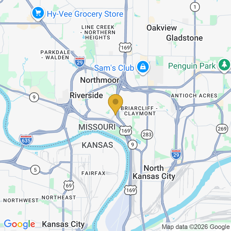 Map showing location of Ace Garage Doors, 1201 NW Briarcliff Pkwy Ste 100, Kansas City, MO 64116