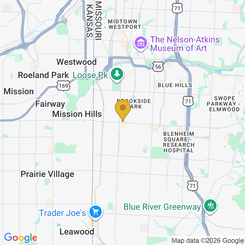 Map showing location of OGD Overhead Garage Door, 6247 Brookside Blvd #224, Kansas City, MO 64113