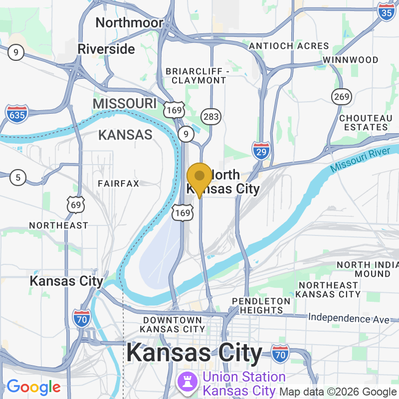 Map showing location of Right Way Garage Doors LLC, 1534 Burlington St Ste 104, Kansas City, MO 64116