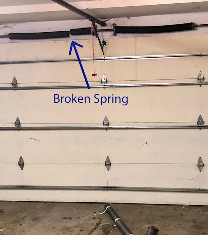 A broken garage door torsion spring.