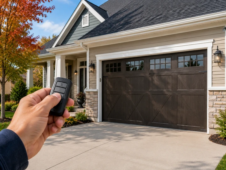 A hand holding a remote to open a garage door.