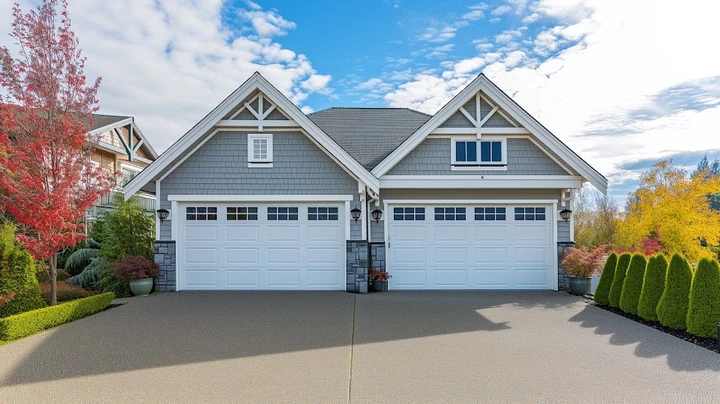 Grey house with two white garage doors and driveway.