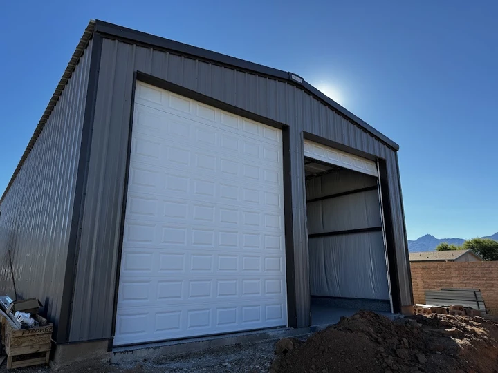 New steel garage building with two bays.