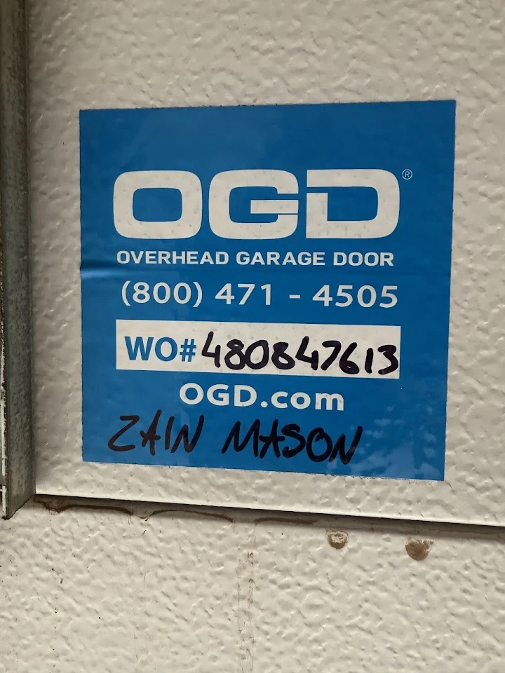OGD Overhead Garage Door sticker with contact info.