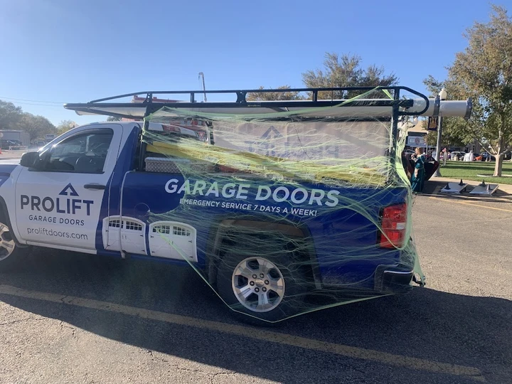 ProLift Garage Doors truck decorated for Halloween.