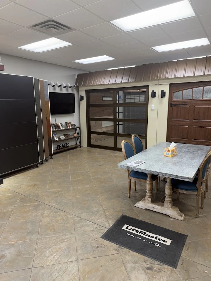 Showroom interior with garage door displays.