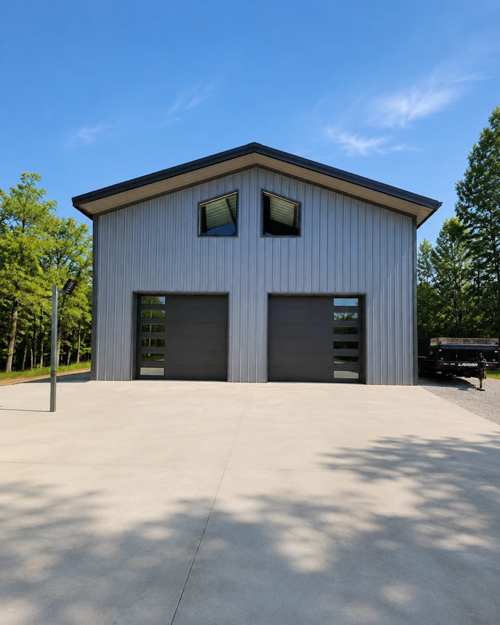 Two-car shop with modern glass-paneled garage doors.