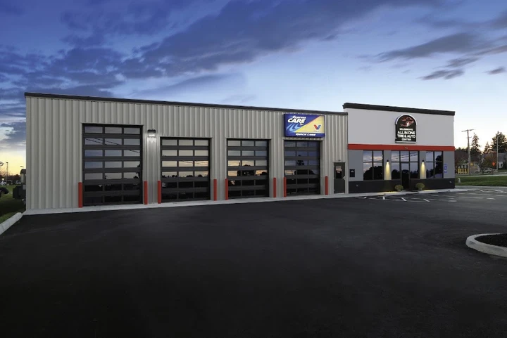 Modern industrial garage doors at auto center.