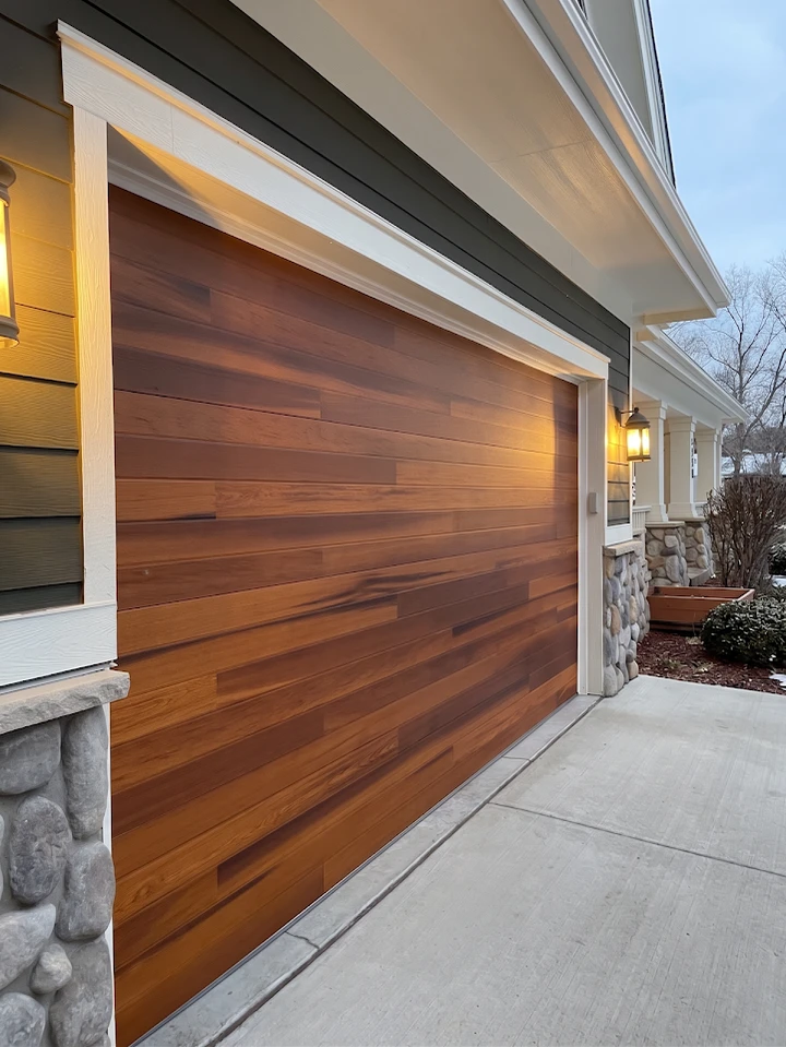 Modern wood-finish garage door by O'Brien.